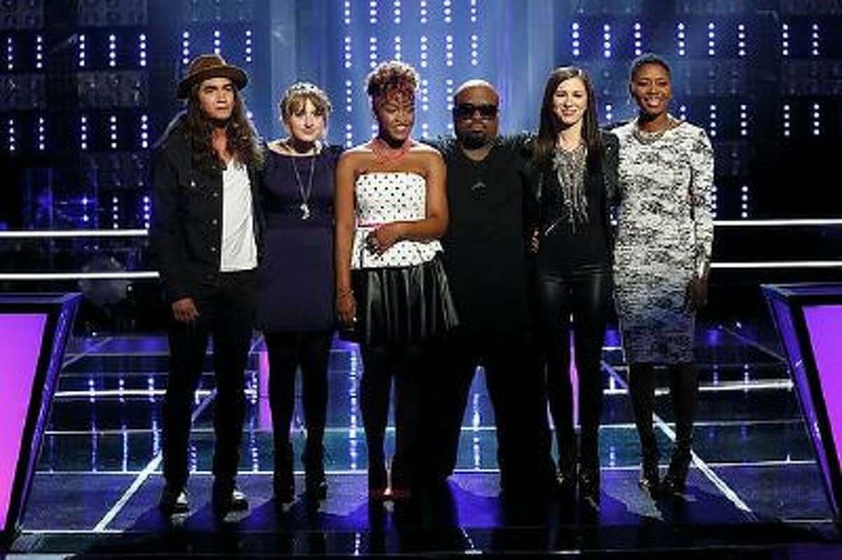 (l-r) Jonny Gray, Caroline Pennell, Amber Nicole, CeeLo Green, Kat Robichaud and Tamara Chauniece during 'The Voice' televised on Tuesday, Oct. 29, 2013.