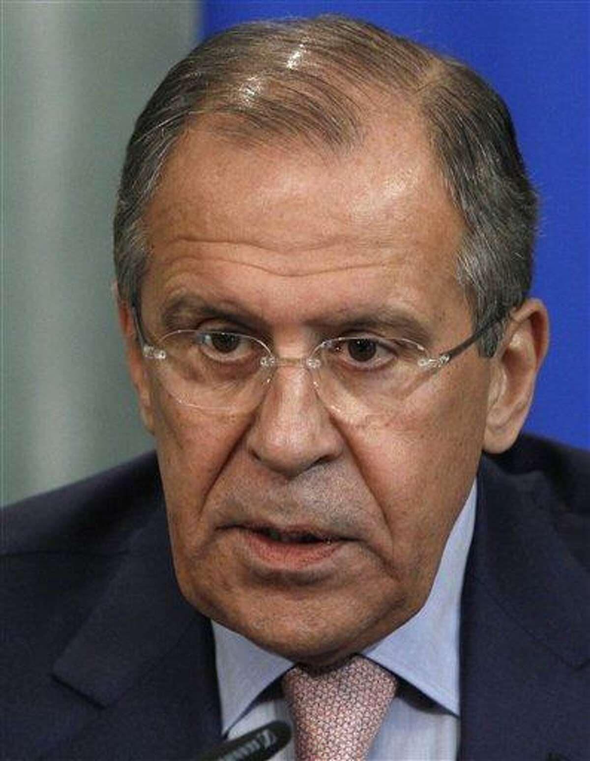 Russia's Foreign Minister Sergey Lavrov speaks at a news conference in Moscow on Tuesday, June 25, 2013. Lavrov on Tuesday bluntly rejected U.S. demands to extradite National Security Agency leaker Edward Snowden, saying that Snowden hasn't crossed the Russian border as he seeks to evade prosecution. Sergey Lavrov insisted that Russia has nothing to do with Snowden or his travel plans. Lavrov wouldn't say where Snowden is, but he angrily lashed out at the U.S. for demanding his extradition and warnings of negative consequences if Moscow fails to comply. (AP Photo/Ivan Sekretarev)