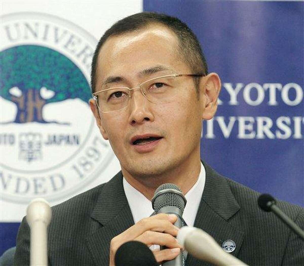 Kyoto University Professor Shinya Yamanaka speaks Monday during a news conference at Kyoto University in Kyoto, western Japan, after learning that he and British researcher John Gurdon won this year's Nobel Prize in medicine. Associated Press/Kyodo News