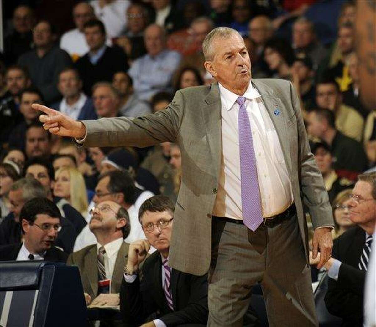 Connecticut coach Jim Calhoun reacts to a call in the second half in a NCAA college basketball game against Notre Dame, Saturday, Jan. 14, 2012, in South Bend, Ind. Connecticut won 67-53. (AP Photo/Joe Raymond)