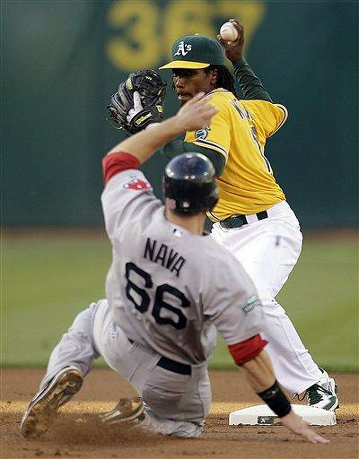 Oakland Athletics second baseman Jemile Weeks prepares his throw to first base over Boston Red Sox's Daniel Nava (66) in the first inning of a baseball game, Tuesday, July 3, 2012, in Oakland, Calif. Boston's Dustin Pedroia was out at first base. (AP Photo/Ben Margot)
