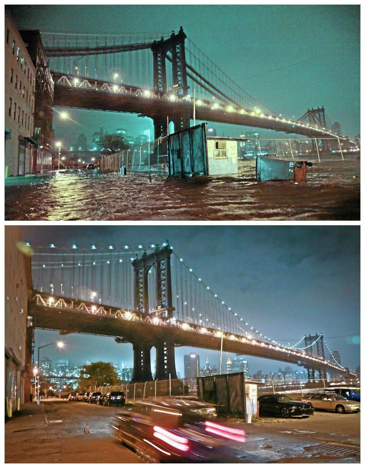 This combination of Monday, Oct. 29, 2012 and Thursday, Oct. 17, 2013 photos shows flooded streets under the Manhattan Bridge in the Dumbo section of Brooklyn, New York in the wake of Superstorm Sandy and the same site nearly a year later. (AP Photo/Bebeto Matthews)