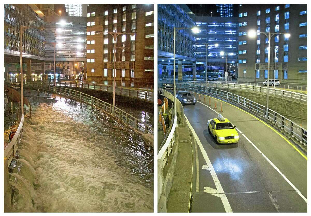 This combination of Oct. 29, 2012 and Oct. 20, 2013 photos shows sea water flooding the entrance to the Brooklyn Battery Tunnel in New York as Superstorm Sandy struck the city, and traffic entering nearly a year later. (AP Photo/John Minchillo)