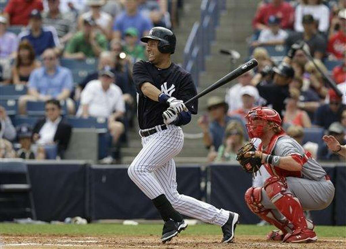 New York Yankees Derek Jeter bats in a spring training baseball game against the St. Louis Cardinals in Tampa, Fla., Monday, March 11, 2013. (AP Photo/Kathy Willens)