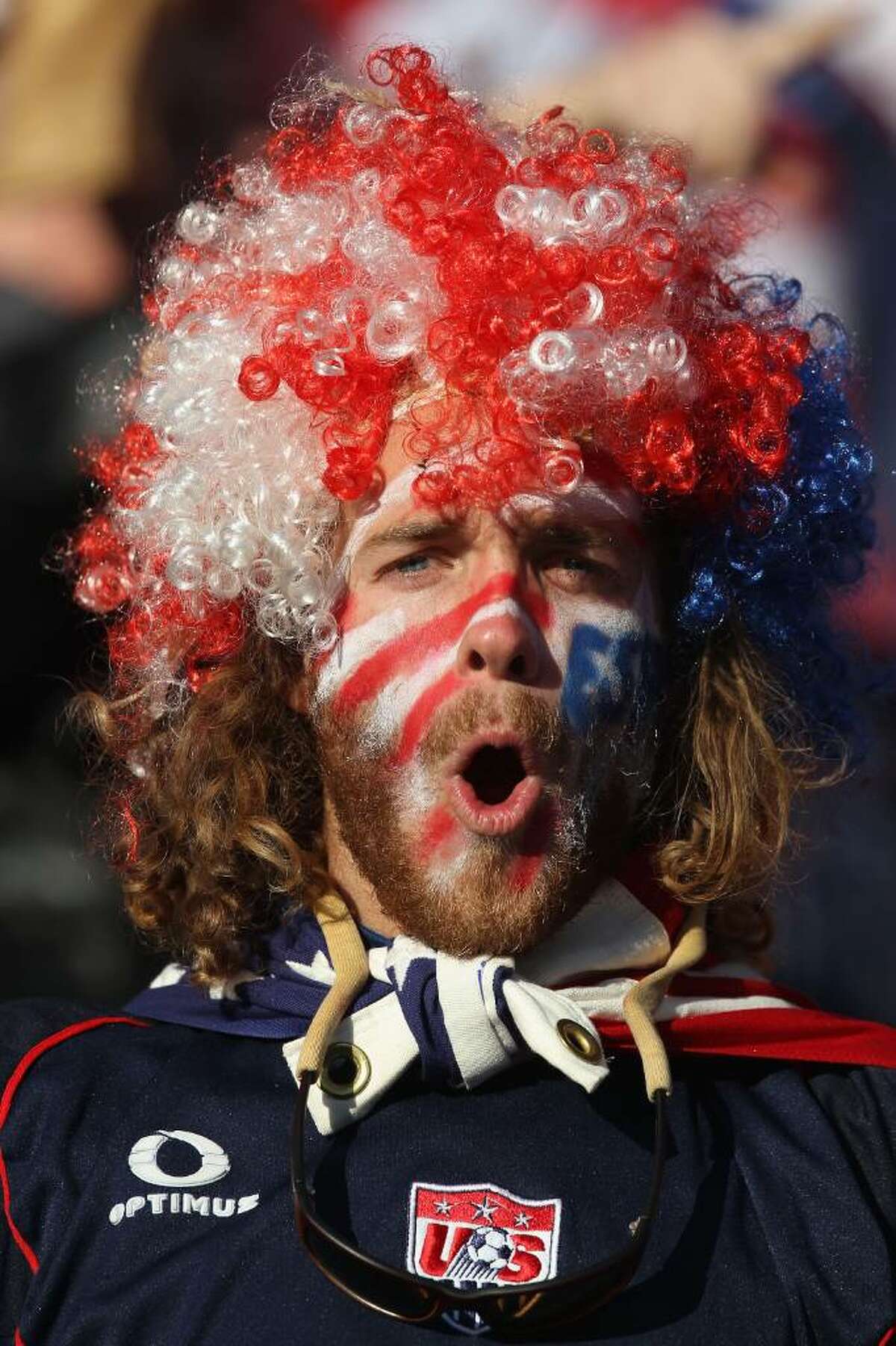 JOHANNESBURG, SOUTH AFRICA - JUNE 18: A USA fan enjoys the atmosphere during the 2010 FIFA World Cup South Africa Group C match between Slovenia and USA at Ellis Park Stadium on June 18, 2010 in Johannesburg, South Africa. (Photo by Streeter Lecka/Getty Images)