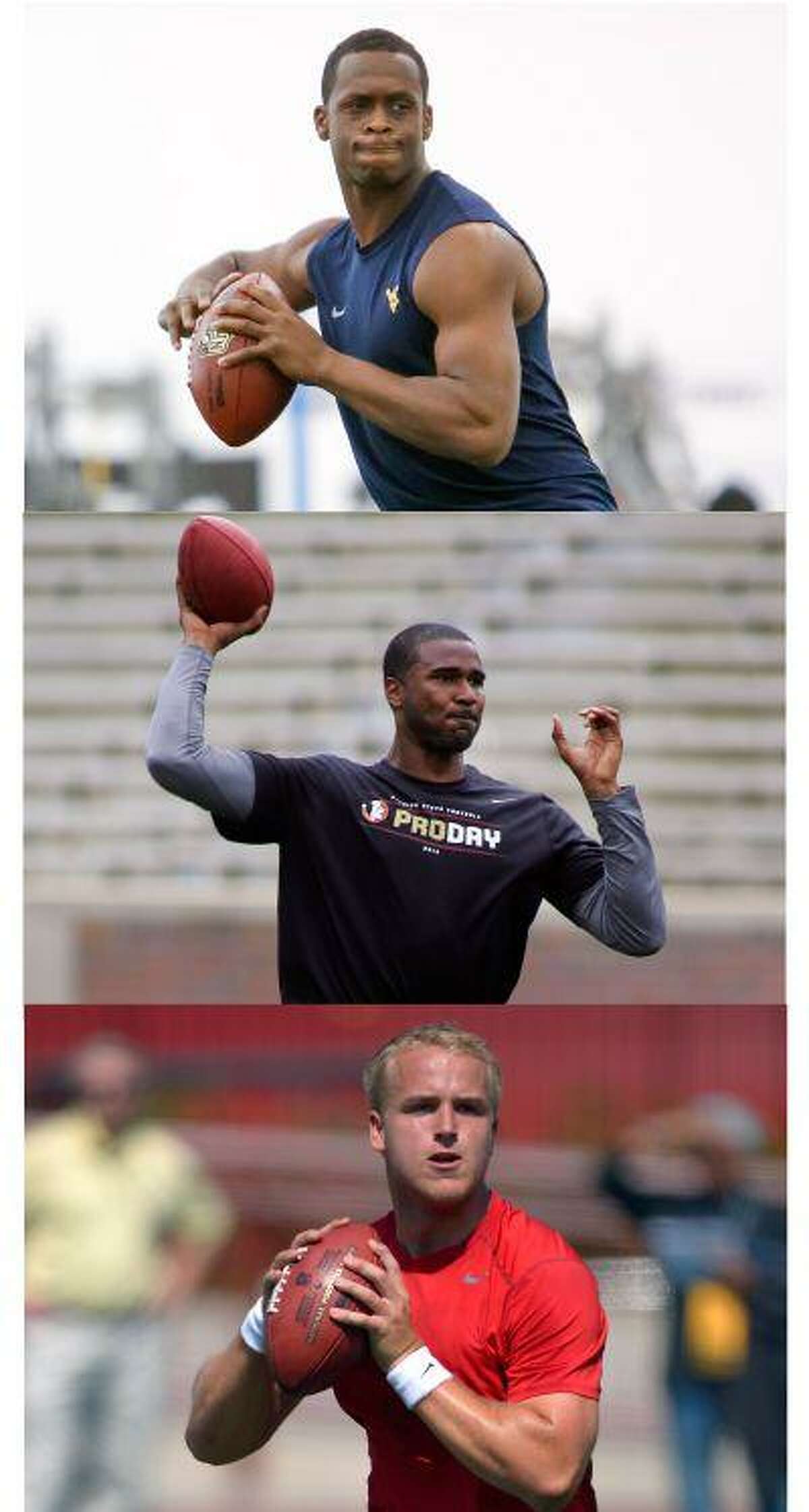 FILE- This combo image of March 2013 file photos shows quarterbacks, from top, Geno Smith, E.J. Manuel and Matt Barkley during their respective NFL football pro days. Will any quarterbacks be taken in the first round? Possibilities include Geno Smith, Matt Barkley and E.J. Manuel_one of the things to watch for during the three-day NFL draft beginning Thursday, April 25, 2013. (AP Photos/File)