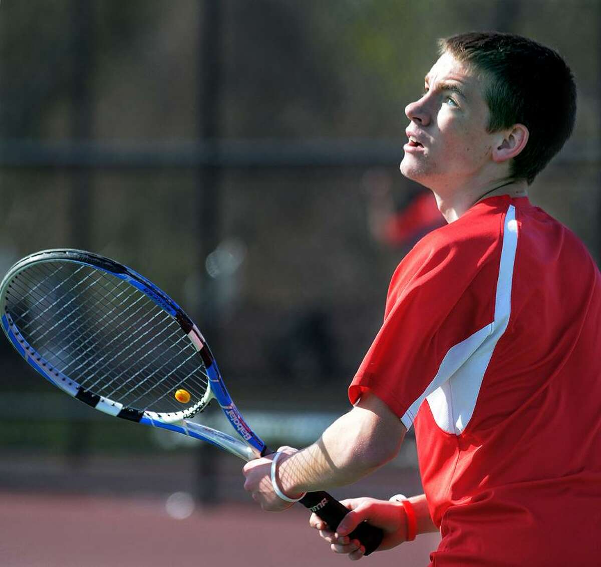Catherine Avalone/The Middletown Press Portland senior Justin Danielewicz defeated Coginchaug's Tyler McDonald 6-0, 6-0 Monday afternoon in Portland. The Portland Highlanders defeated the Coginchaug Blue Devils 6-1.