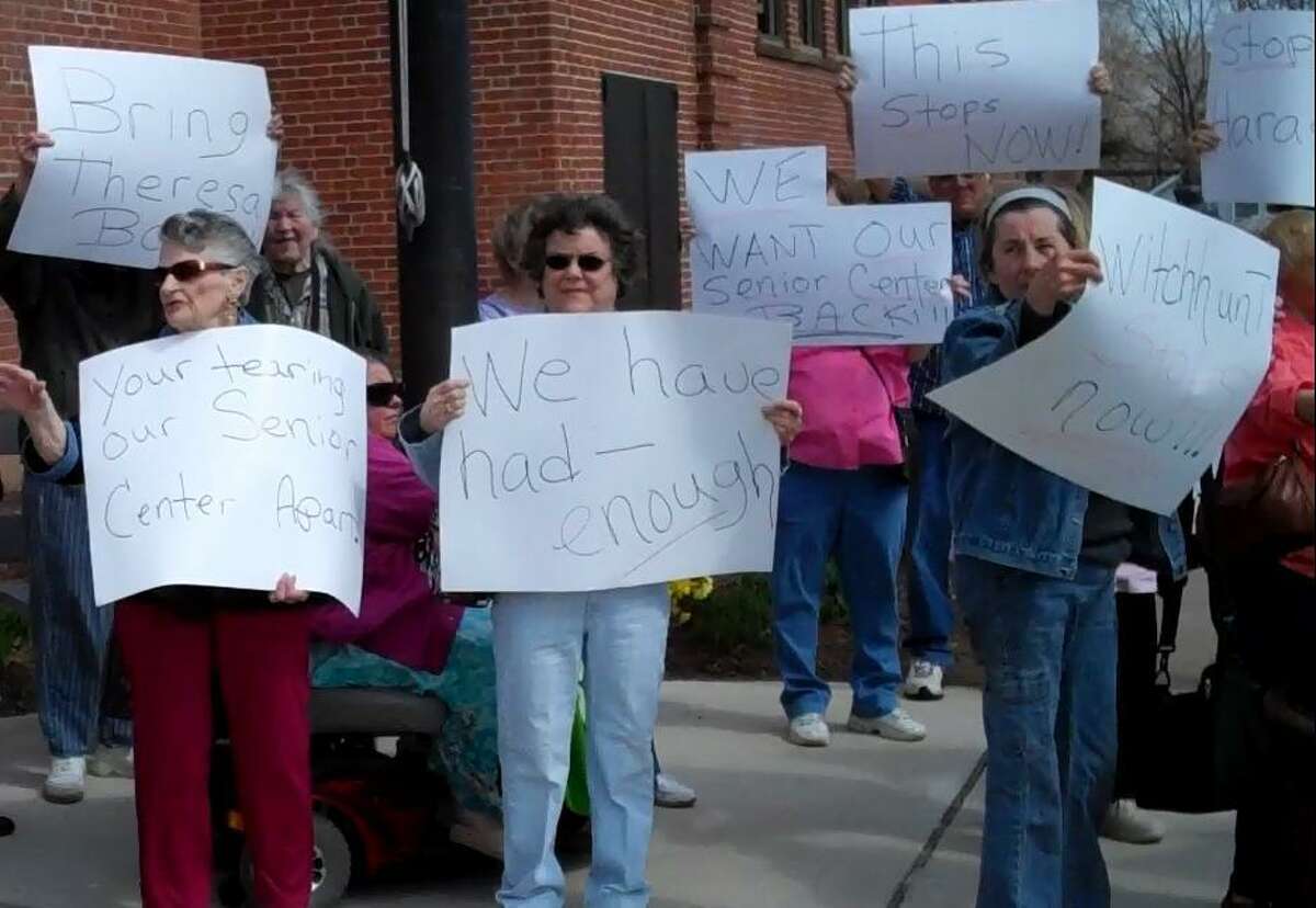 Cromwell residents protested outside town hall last week in support of Theresa Strong