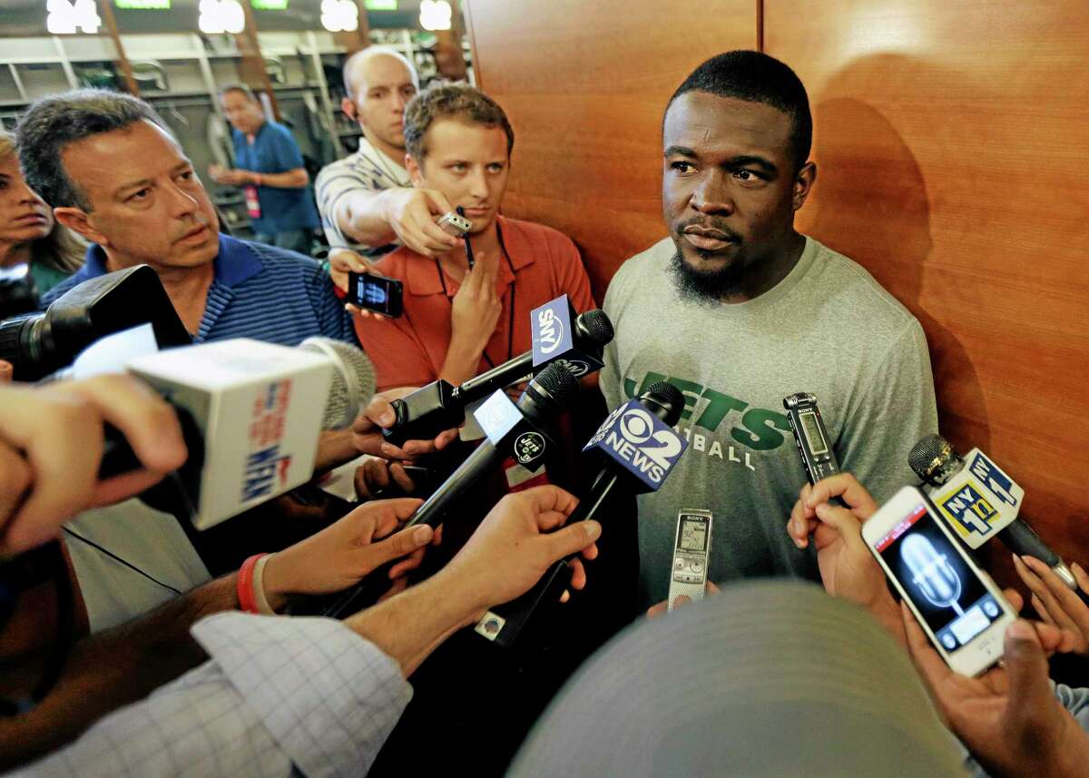 New York Jets running back Mike Goodson speaks to reporters on Tuesday in Florham Park, N.J. The NFL has suspended Goodson for the first four games of the regular season for violating the league’s substance abuse policy.