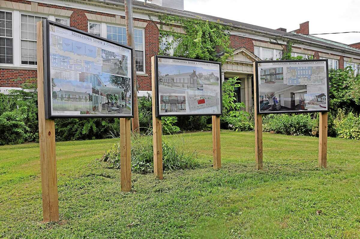 Plans for the Eckersely-Hall Senior and Community center are posted on the front lawn of the facility at 61 Durant Street in Middletown. Catherine Avalone - The Middletown Press