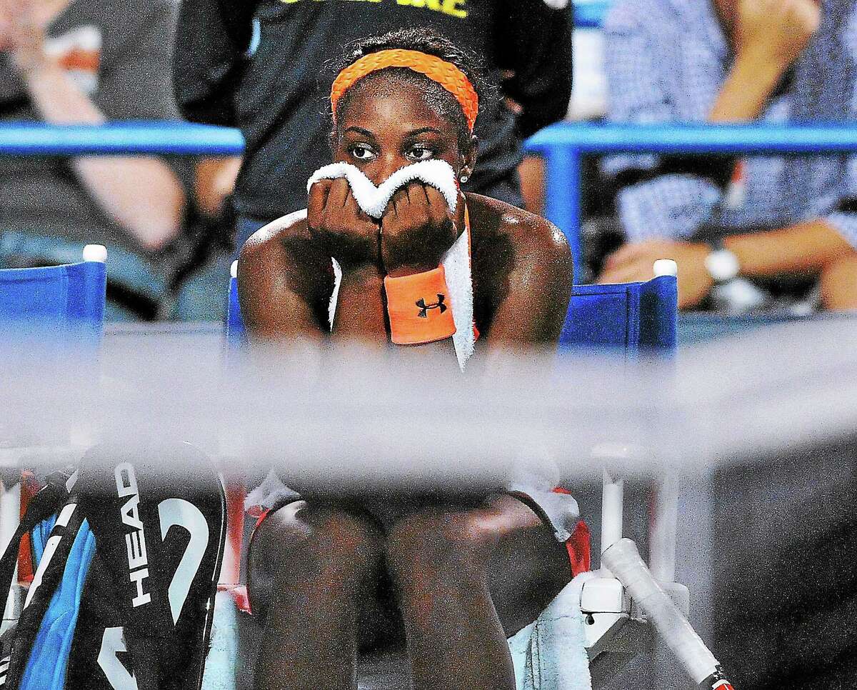 Sloane Stephens reacts during the break before the final point against Caroline Wozniacki Thursday.