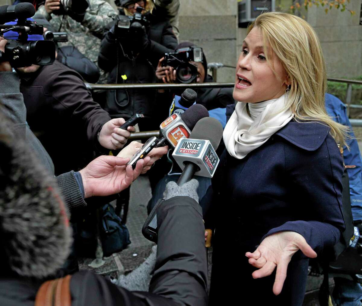 Genevieve Sabourin, who was found guilty of stalking actor Alec Baldwin, spoke with reporters earlier in the week as she arrived for her trial at criminal court in New York. (AP Photo/Seth Wenig)