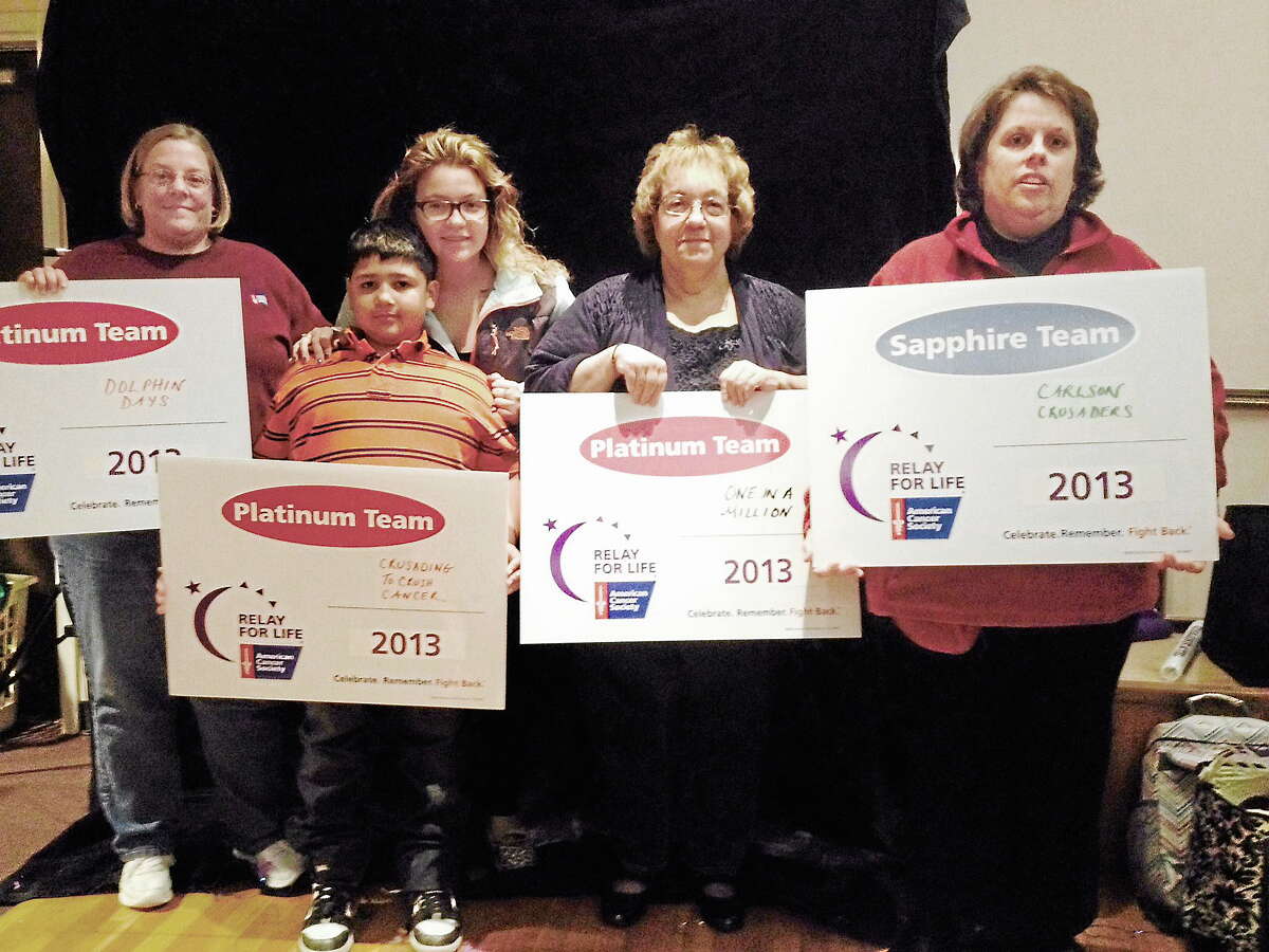 Middletown residents (left to right) Tracy Banks, Kayleen Deegan and her brother Alex Cruz, Pamela Hunter and Berlin resident Kellie Summa were honored for their contributions to last year’s Relay for Life of Greater Middletown during Tuesday night’s kickoff. Teams are already being formed for this summer’s event.