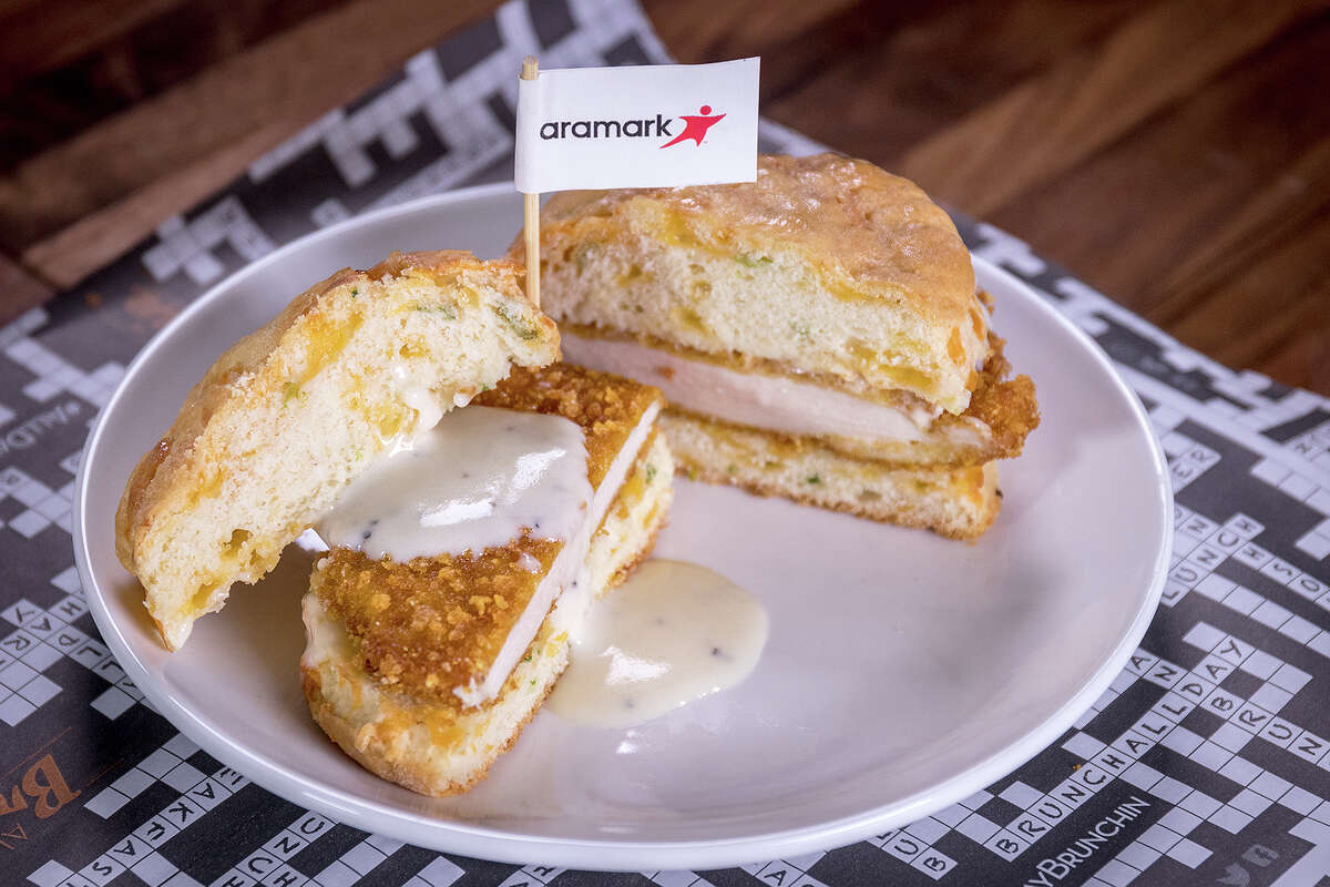 PHOTOS: New foods coming to NFL stadiums across the country Chicken Biscuit (NRG Stadium): Hand-battered, corn flakes crusted chicken breast topped with a creamy, white gravy, served open faced, on a homemade jalapeno, chive and cheddar cheese infused buttermilk biscuit. See how Aramark is livening up the food options at NFL sanctuaries across the league...