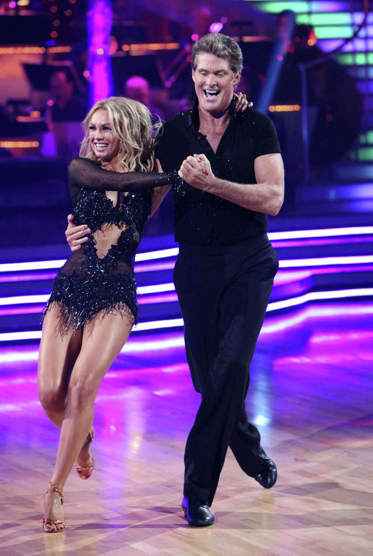 In this publicity image released by ABC, David Hasselhoff, right, and his partner Kym Johnson perform on the celebrity dance competition show, "Dancing with the Stars," on Monday, Sept. 20, 2010 in Los Angeles. (AP Photo/ABC, Adam Larkey)