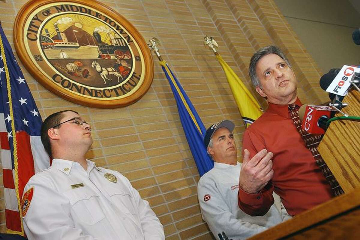 This file photo shows Middletown Mayor Sebastian N. Giuliano giving an update regarding the explosion at the Kleen Energy plant at a press conference at the Council Chambers at City Hall Feb. 8, 2010. (Catherine Avalone