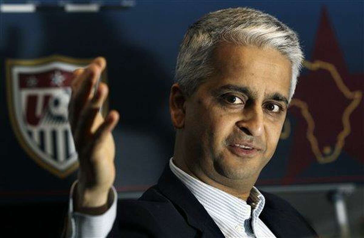 U.S. Soccer Federation President Sunil Gulati speaks during a news conference in Johannesburg, Monday. Gulati said that the American team did not meet expectations at the World Cup and that he will likely meet with Coach Bob Bradley after the tournament to discuss his future. (AP)
