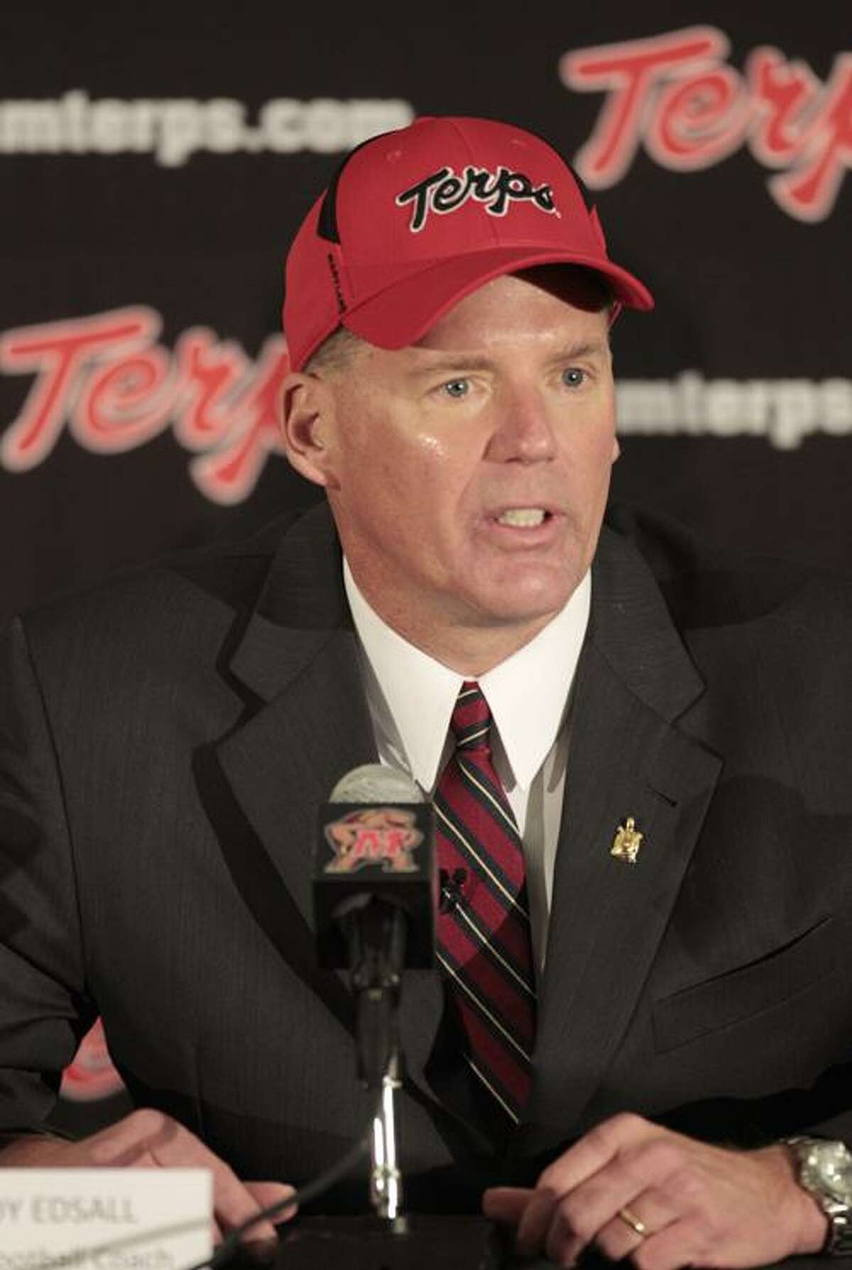 Randy Edsall speaks at a news conference after being introduced as the new head football coach at the University of Maryland, Monday, Jan. 3, 2011, in College Park, Md. (AP Photo/Rob Carr)