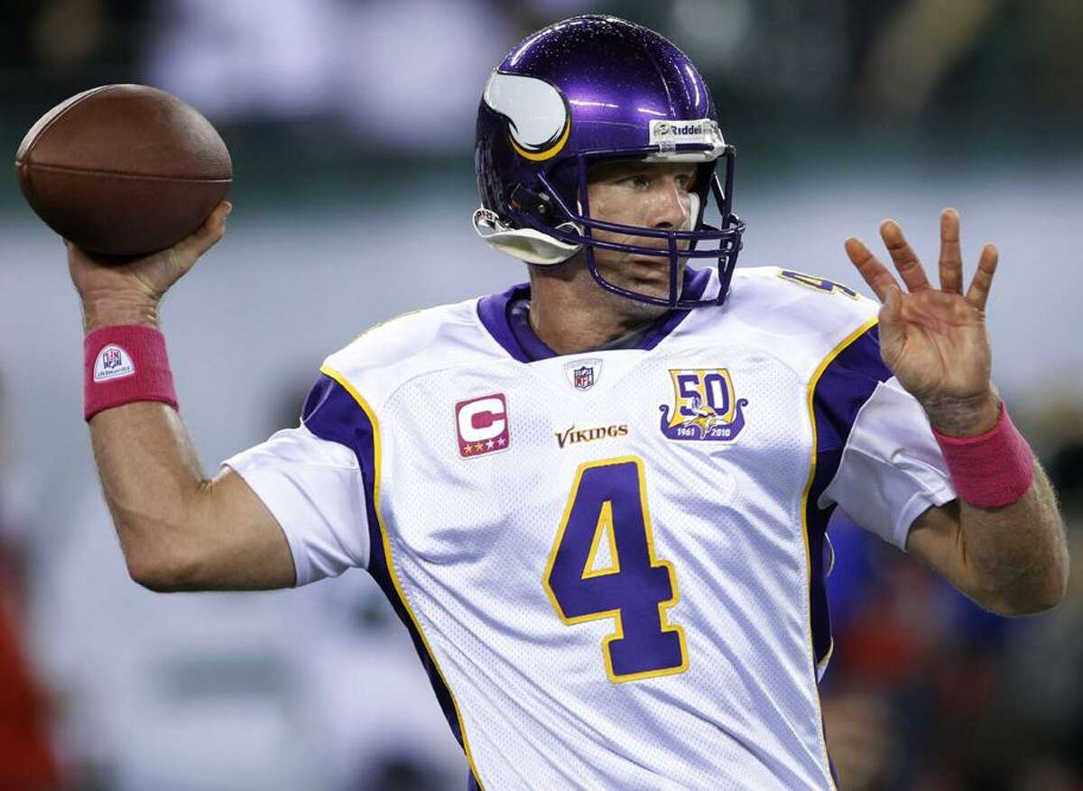 Minnesota Vikings quarterback Brett Favre warms up before an NFL football game between the Vikings and the New York Jets on Monday, Oct. 11, 2010, in East Rutherford, N.J. (AP Photo/Seth Wenig)