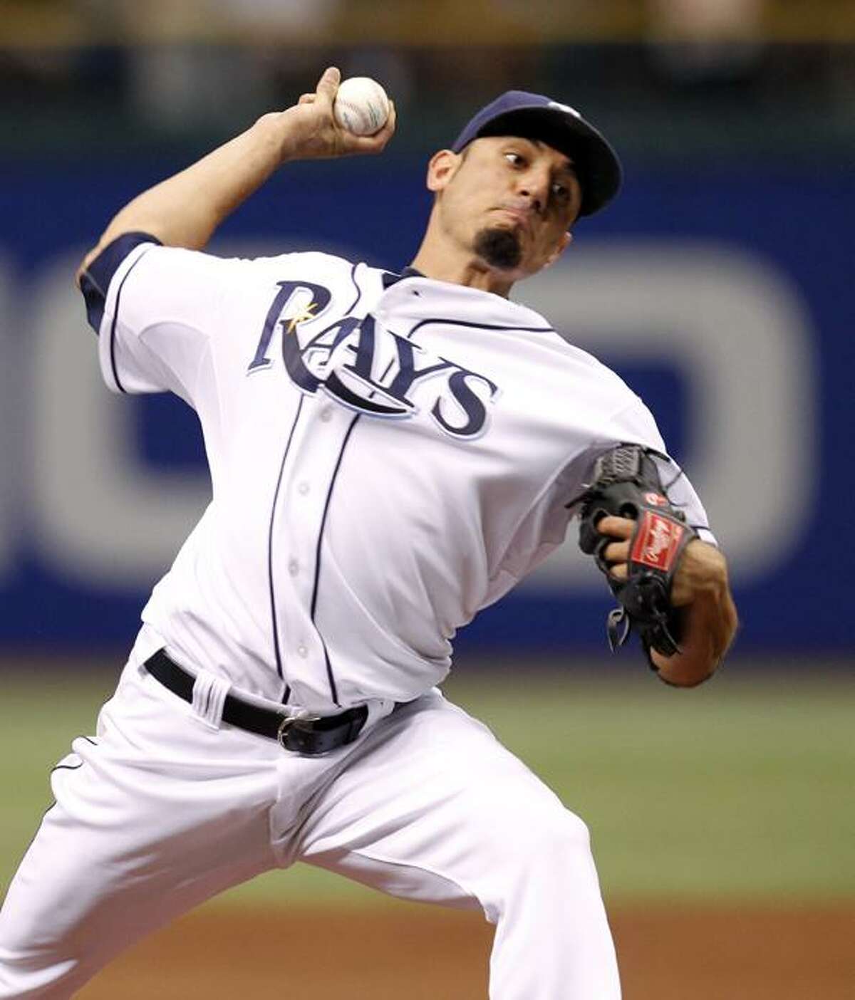 Tampa Bay Rays starting pitcher Matt Garza throws in the first inning of a baseball game against the Detroit Tigers, Monday in St. Petersburg, Fla. Garza ended up throwing the first no-hitter in Tampa Bay Rays history. (AP Photo/Mike Carlson)