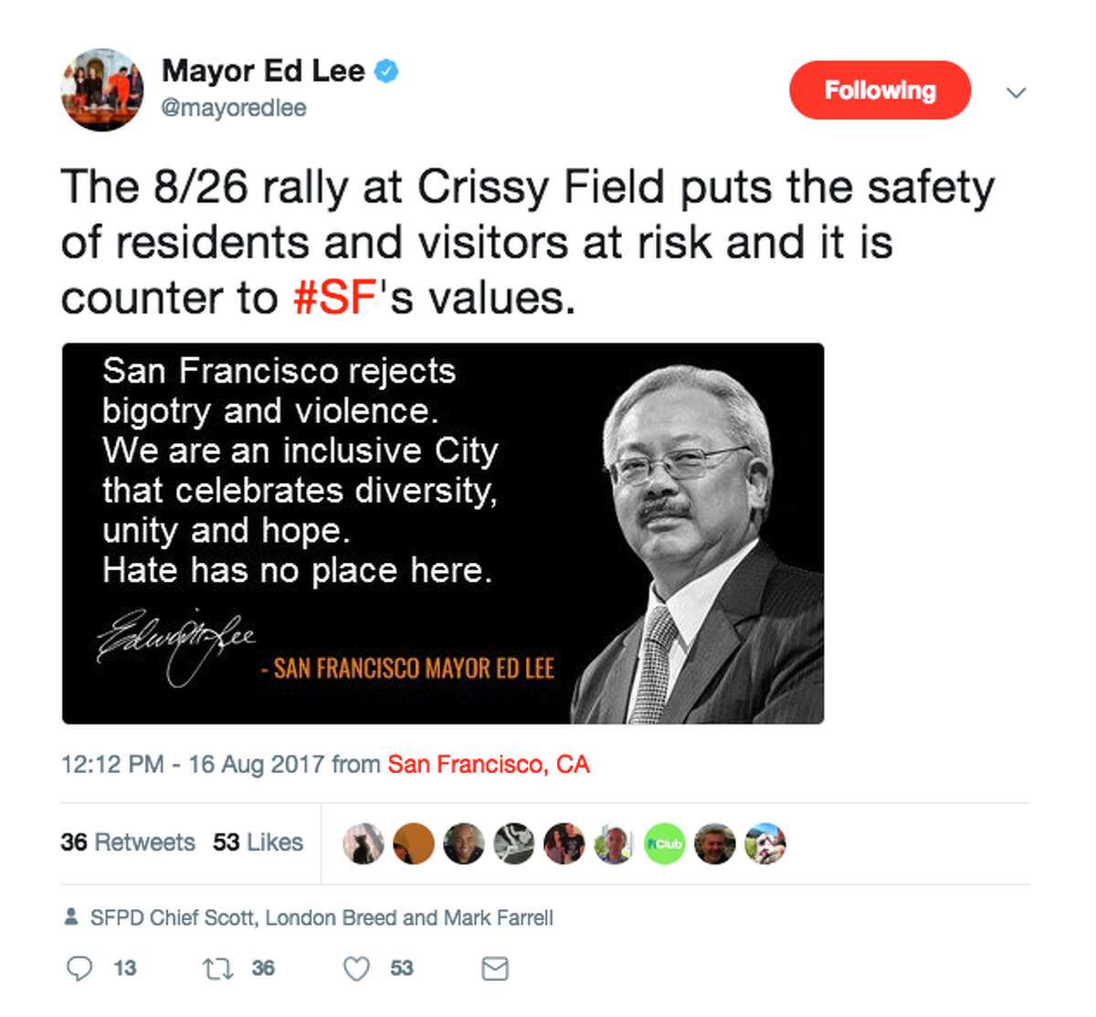 San Francisco politicians react to the planned Crissy Field rally.