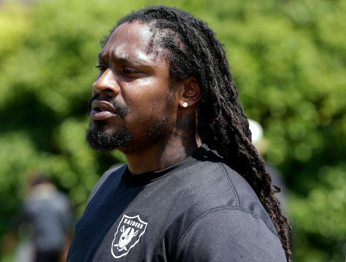 Running back Marshawn Lynch, 24 after practice at Oakland Raiders training camp in Napa, Ca., on Wed. August 9, 2017.