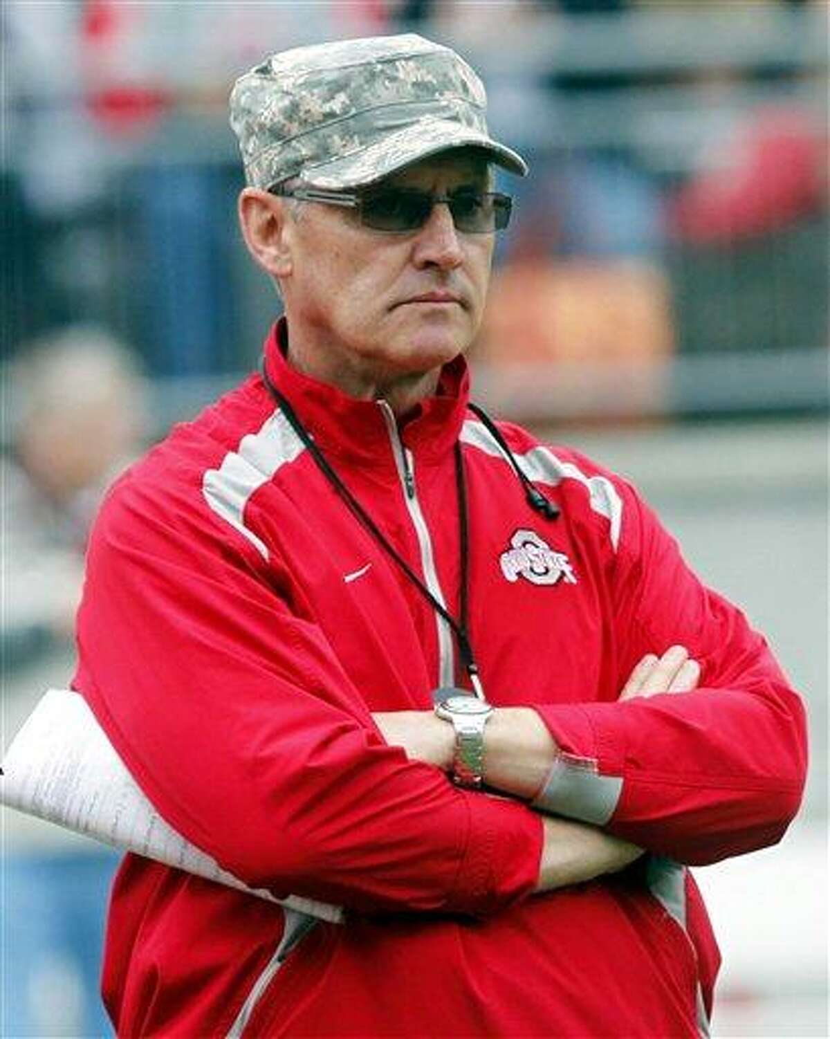 FILE - This April 23, 2011, file photo shows Ohio State head coach Jim Tressel during an NCAA college football Spring Game, in Columbus, Ohio. The NCAA is accusing Tressel of lying to hide violations by players who traded memorabilia for cash and tattoos. The governing body says these are 'potential major violations,' and the school must go before the NCAA on Aug. 12. (AP Photo/Terry Gilliam, File)