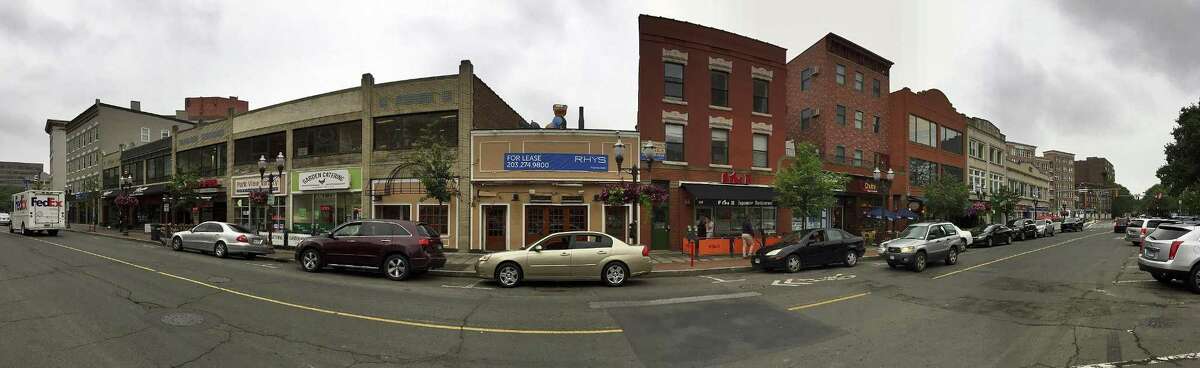 A panoramic view of restaurants, including the vacant space for the former Bobby Valentine’s Sports Bar and Restaurant, center, on Main Street in Stamford, Connecticut, on Tuesday, Aug. 15, 2017.