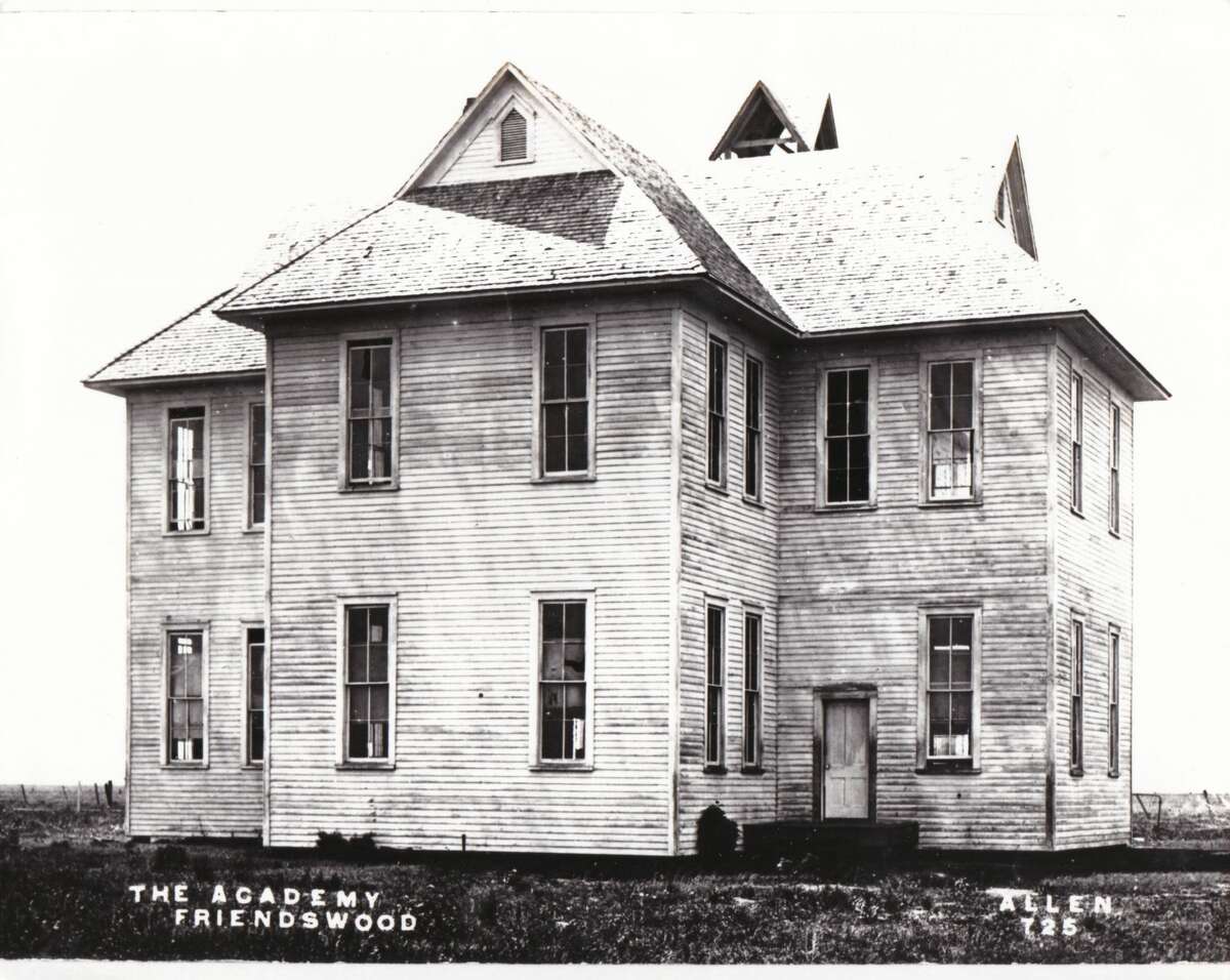 The Friendswood Academy was built by the founding Quakers. Top floor was the church meeting area, bottom floor was the school. Building was completed in 1902. It was built from trees knocked down in the 1900 Hurricane and milled locally.