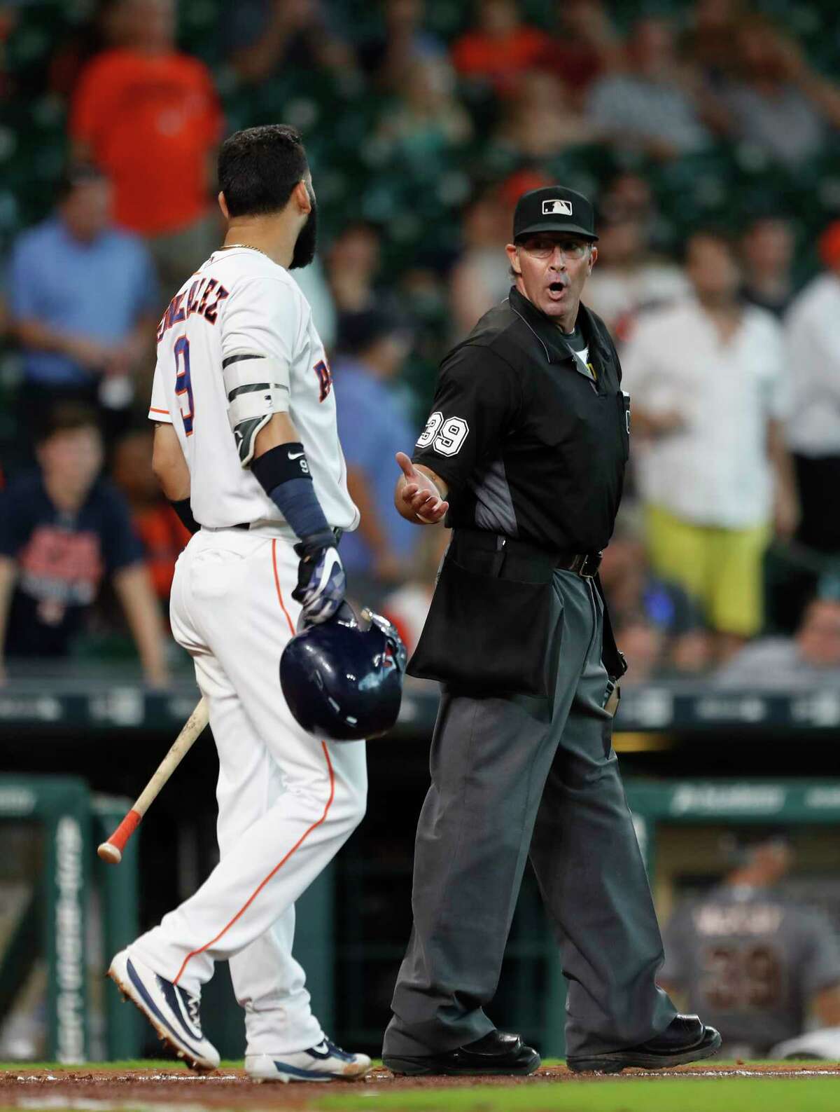 PHOTOS: Astros' reactions after striking out in Thursday's loss Houston Astros Marwin Gonzalez (9) argues with home plate umpire Paul Nauert after striking out to end in the game during an MLB game at Minute Maid Park, Thursday, Aug. 17, 2017, in Houston. Browse through the photos for a look at Astros' reactions after striking out in Thursday's loss.
