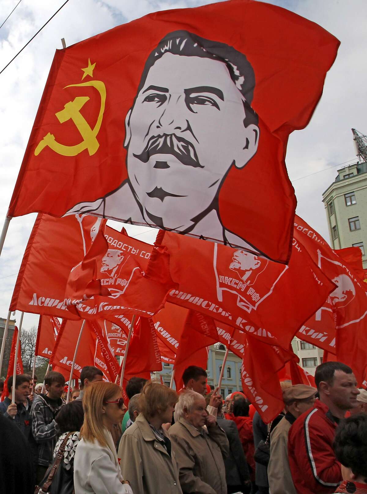 Communist Party backers wave a Stalin flag at Moscow’s May Day in 2012.
