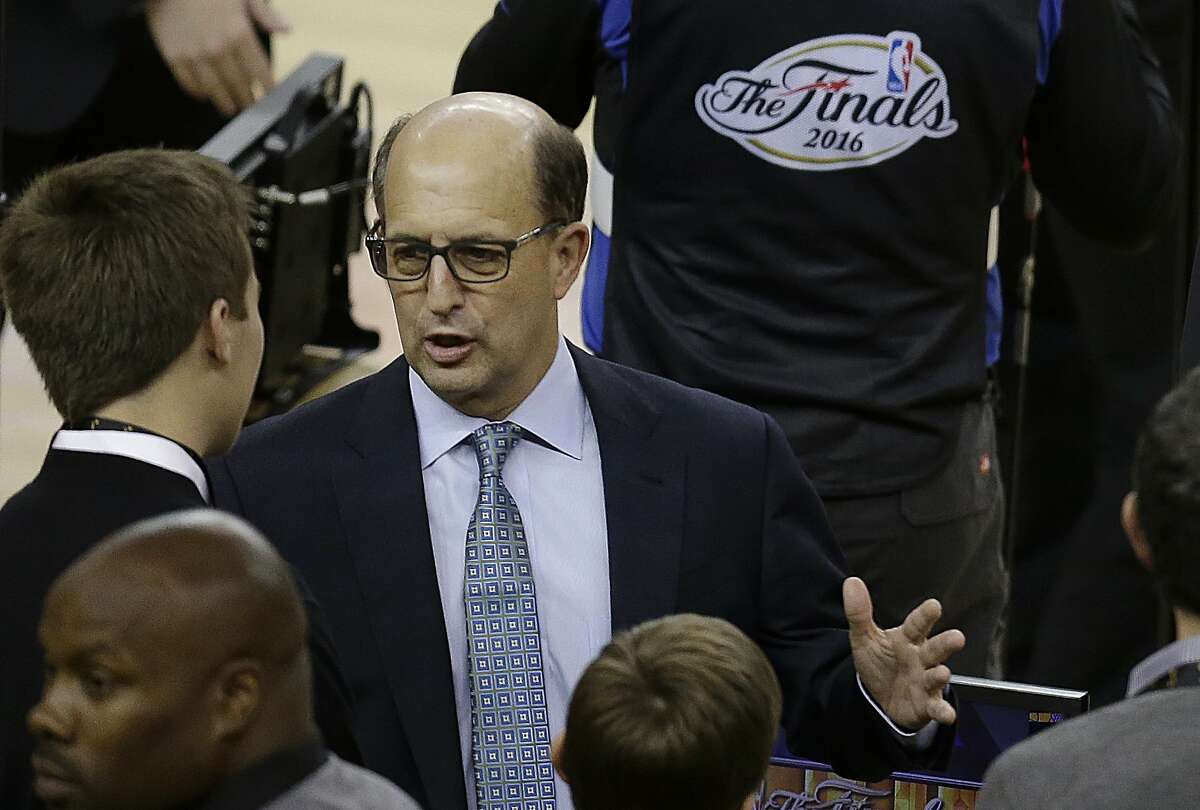 FILE - In this June 2, 2016, file photo, television announcer Jeff Van Gundy speaks before Game 1 of basketball's NBA Finals between the Golden State Warriors and the Cleveland Cavaliers, in Oakland, Calif. Former NBA coach Jeff Van Gundy will lead the U.S. men’s basketball team through the early stages of qualifying for the 2019 Basketball World Cup. He will guide a team made up of mostly NBA G League players in this summer’s FIBA AmeriCup 2017 tournament and in qualifying games between November and September 2018. USA Basketball announced Van Gundy’s appointment Wednesday, July 5, 2017. (AP Photo/Ben Margot, File)