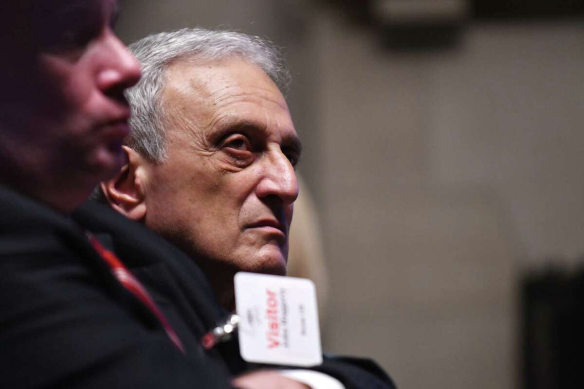 Congressional candidate Carl Paladino listens during a 2017 hearing on his removal from the Buffalo school board at the State Education Building in Albany.