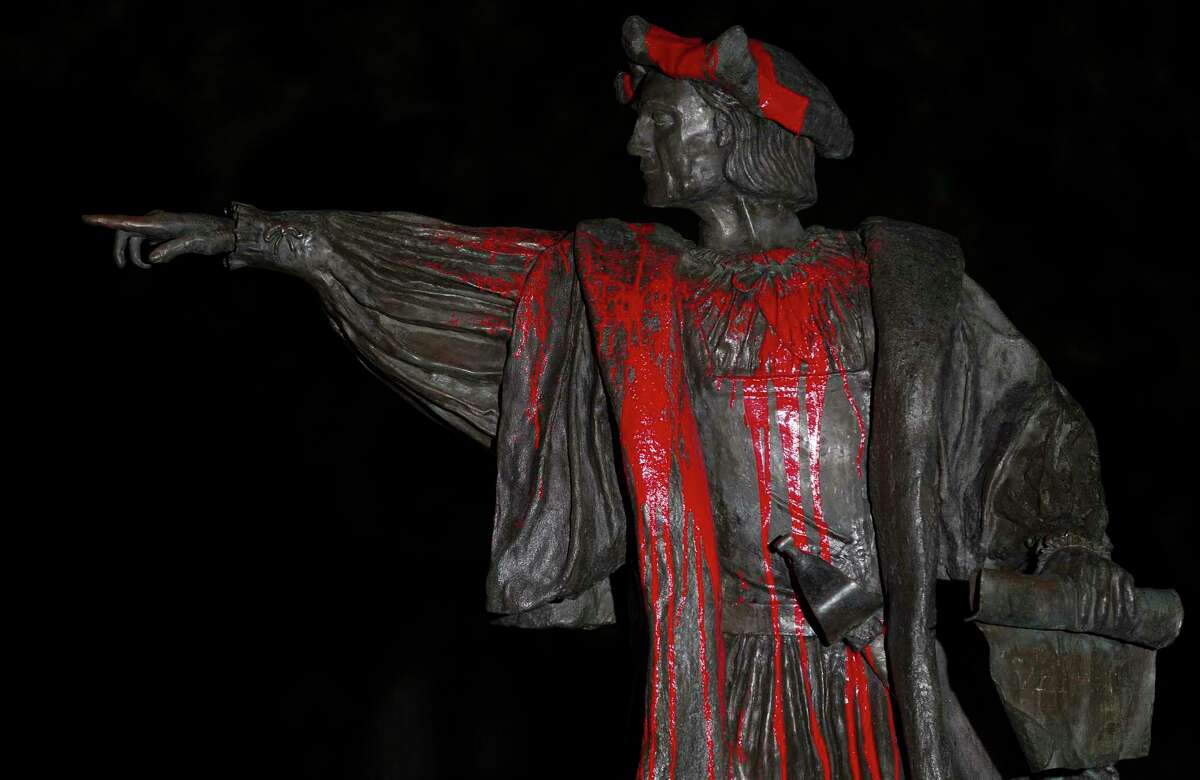 Statue of Christopher Columbus was vandalized Thursday night at Bell Park Friday, Aug. 18, 2017, in Houston.