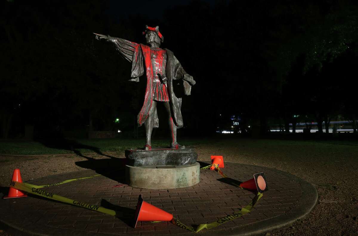 Statue of Christopher Columbus was vandalized Thursday night at Bell Park Friday, Aug. 18, 2017, in Houston.