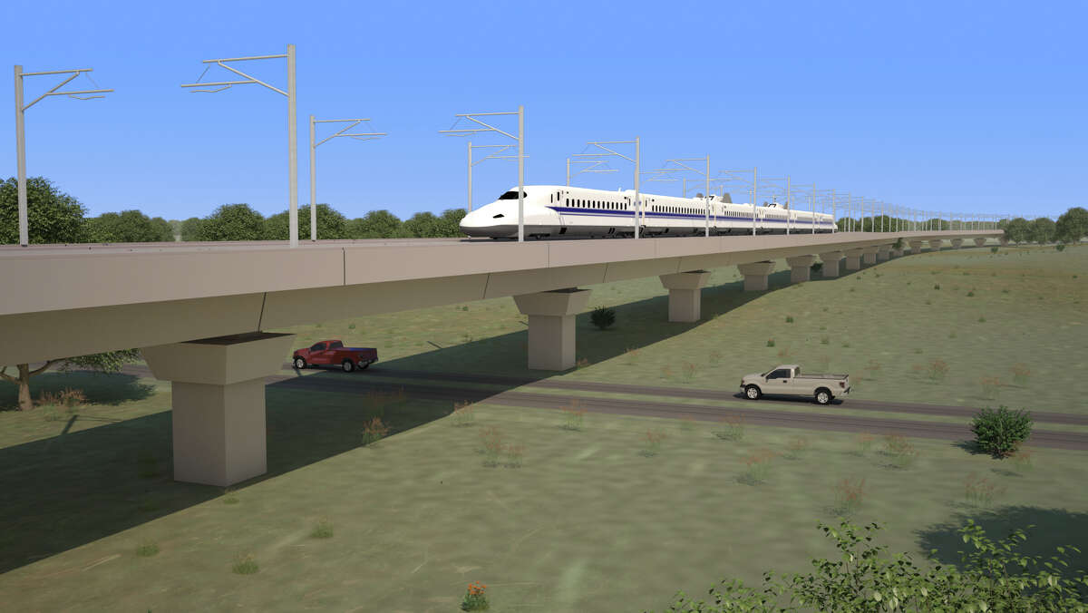 Texas Central Partners plans to use earthen berms and viaducts to separate high-speed trains from streets and across rural areas, as shown in their renderings in August 2017.