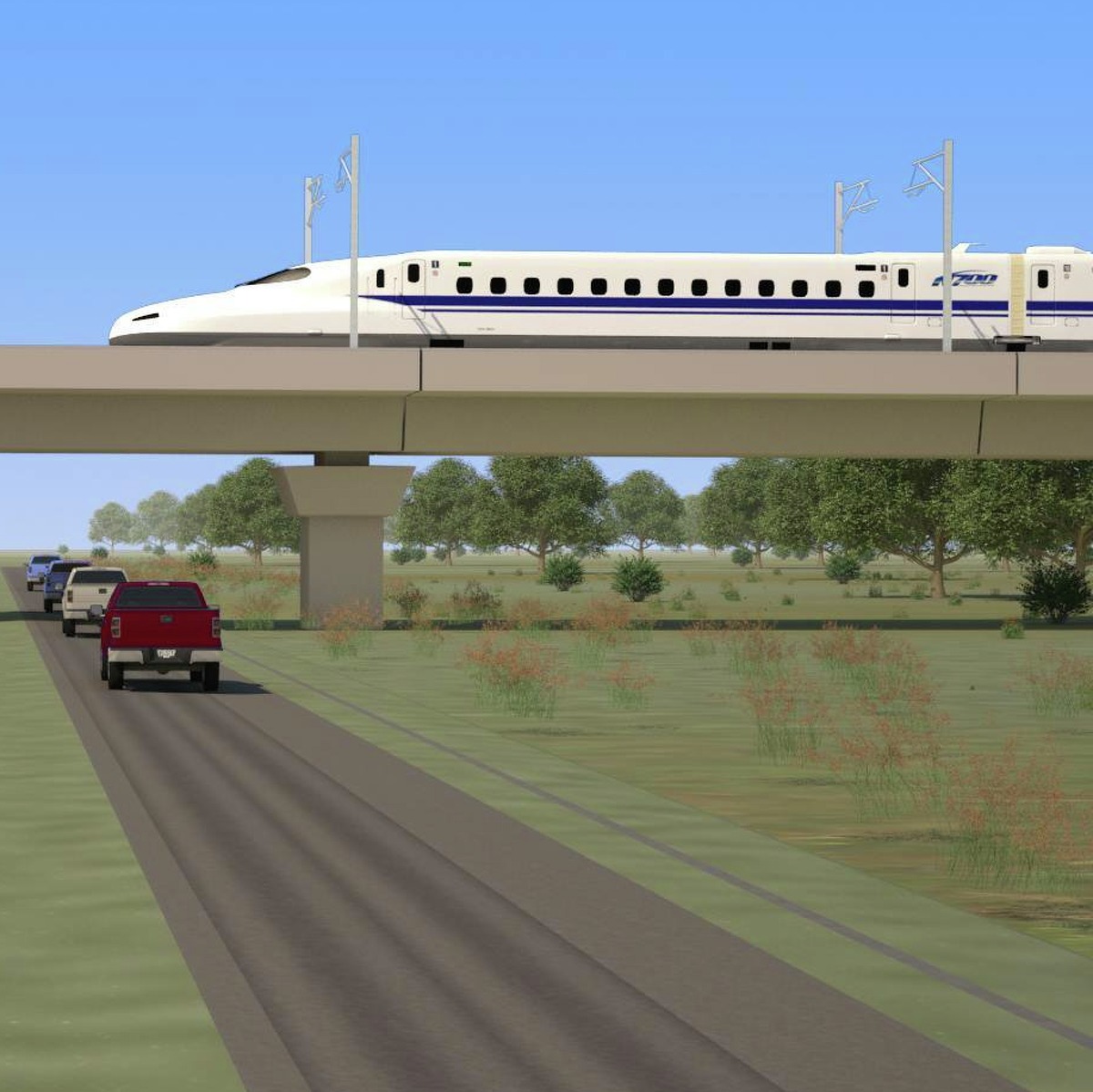 Texas Central Partners plans to use earthen berms and viaducts to separate high-speed trains from streets and across rural areas, as shown in their renderings in August 2017.