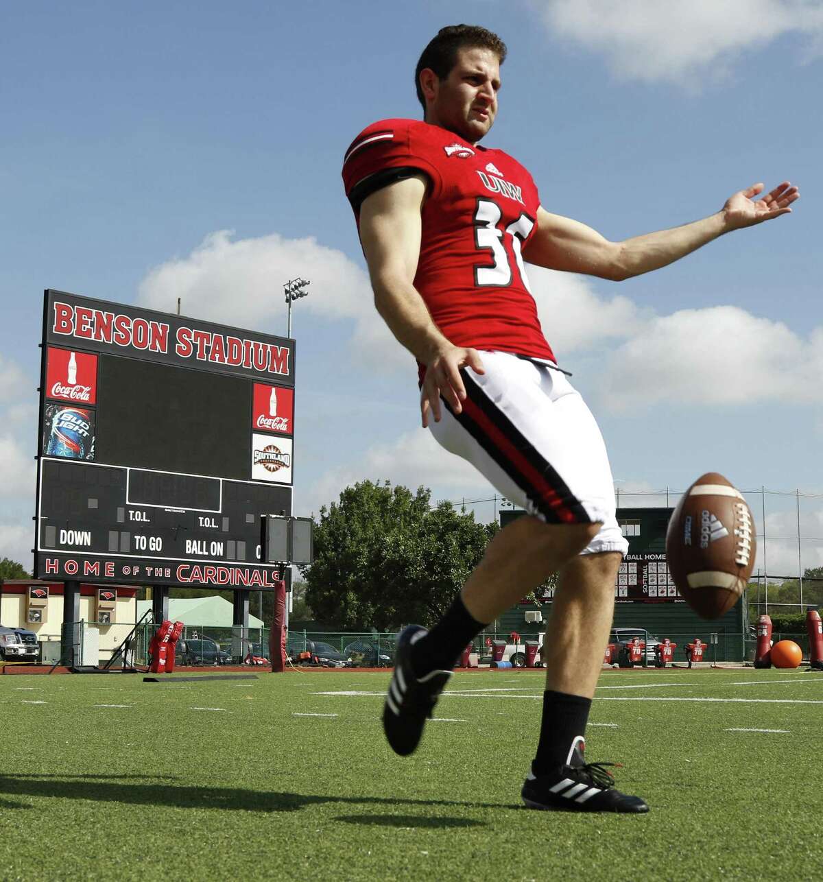 UIW punter Joe Zema, who hails from Australia and will be the Cardinals’ starting punter this coming season, poses on Aug. 11, 2017.