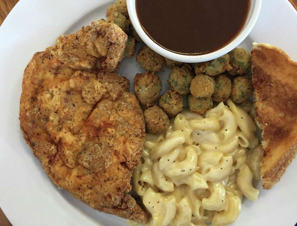 Chicken Fried Chicken with mac and cheese, fried okra and toast at Wishbone Restaurant.