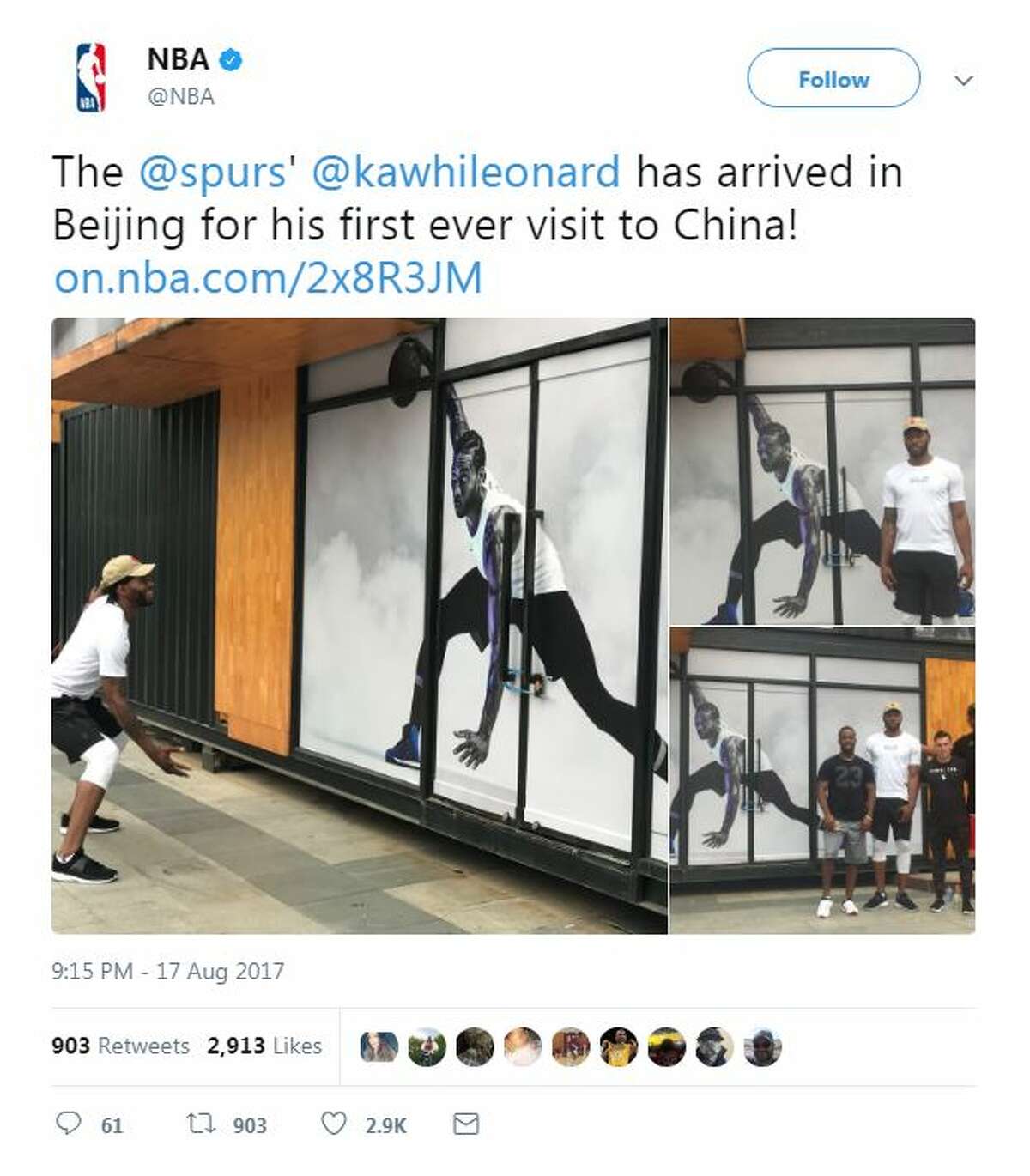 The NBA shared photos of the San Antonio Spurs' Kawhi Leonard visiting a mural of himself during his trip to Beijing. Keep clicking to find out what other Spurs players have been up to during the 2017 summer.