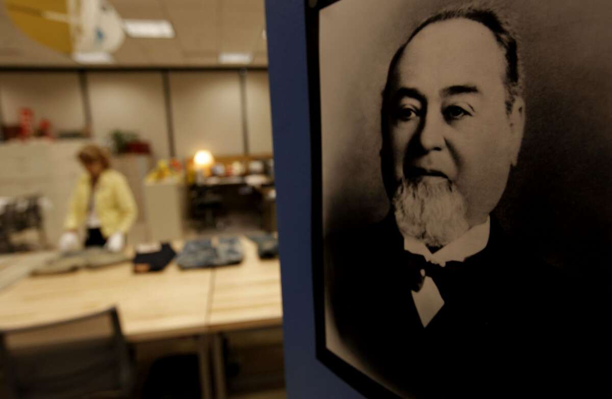 A portrait of founder Levi Strauss hangs on the door of the safe in the archive area of Levi Strauss & Co. headquarters in San Francisco.