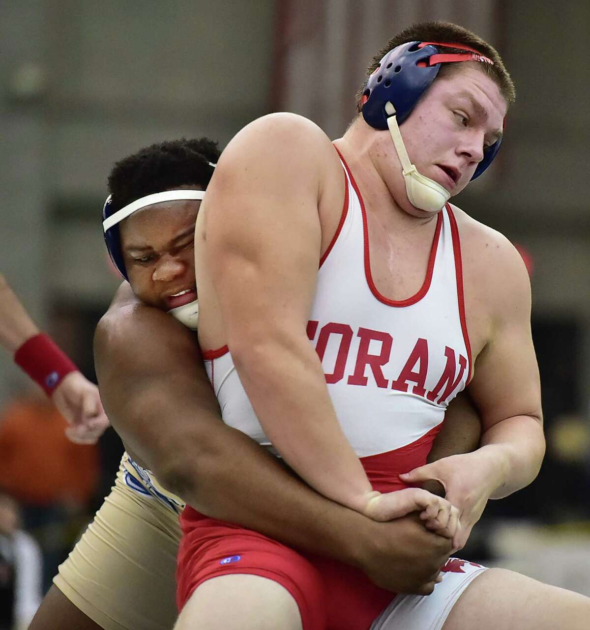 (Catherine Avalone - New Haven Register) Action from the wrestling match against Foran's Luke Edmondson and Notre Dame-Fairfield's Hakim Fleming in the 285 lb. weight class with one tick left at the CIAC State Open, Saturday, February 27, 2016, at the Floyd Little Athletic Center in New Haven.