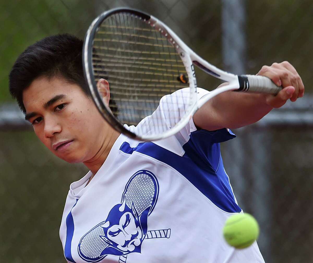 James Delgado, a sophomore, at practice, Friday, April 29, 2016, at the courts at Painter Park in West Haven is the no. 2 seed single player at West Haven High School. (Catherine Avalone/New Haven Register)