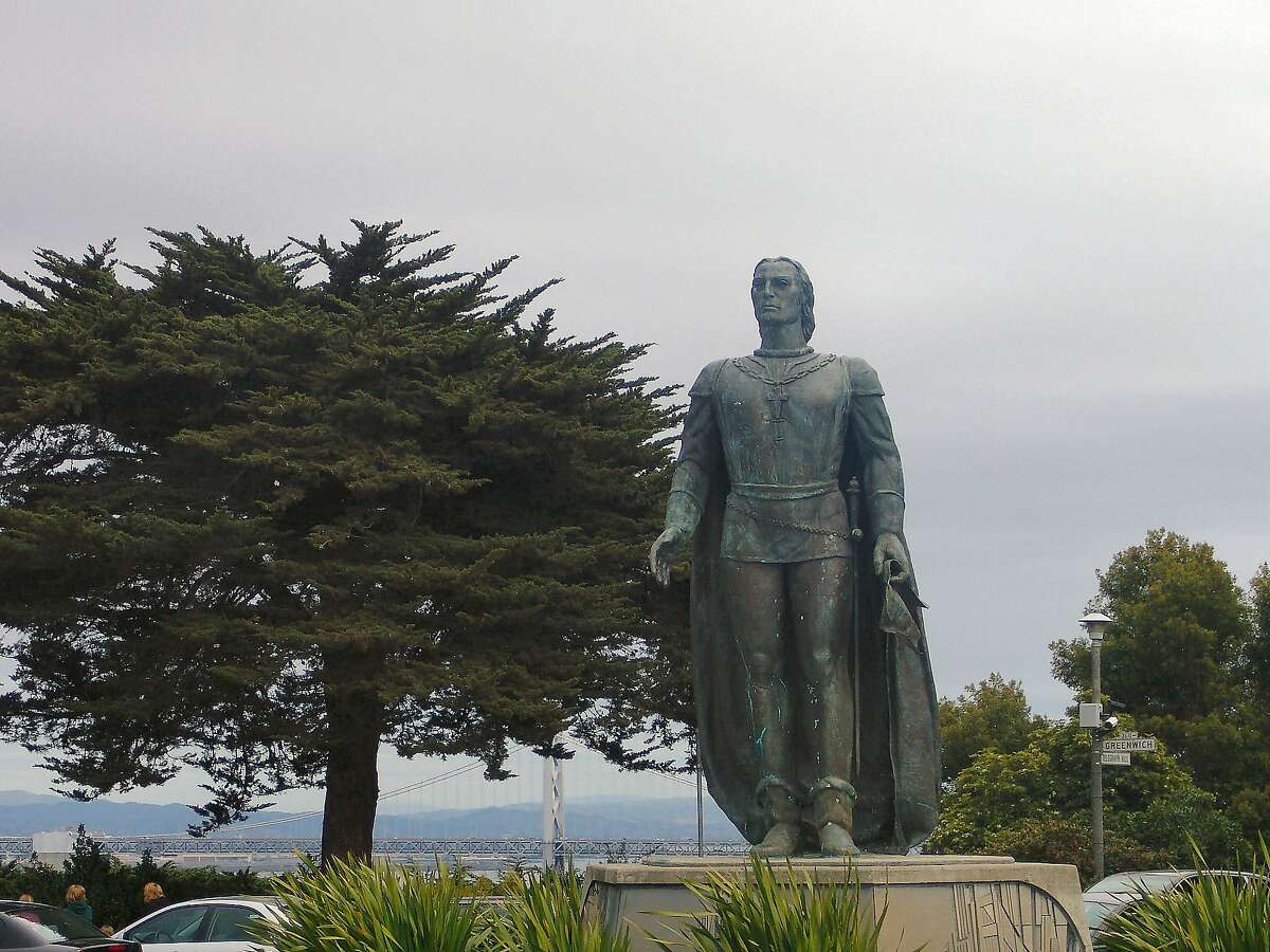 The statue of Christopher Columbus in San Francisco's Pioneer Park was removed by the city early Thursday June 18, 2020.
