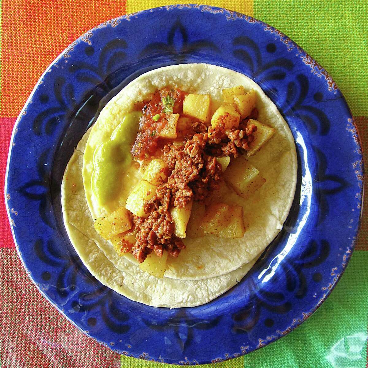 Chorizo and potato taco on corn tortillas from Picosito Mexican Cuisine.