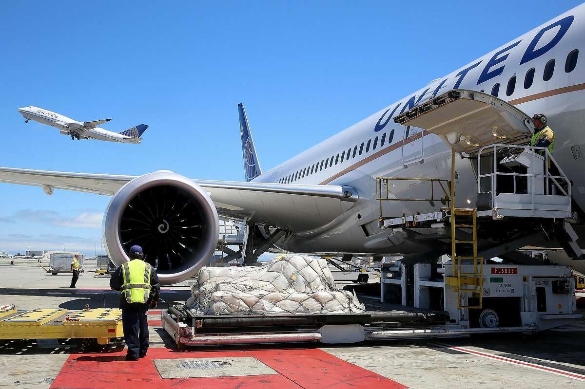 Baggage loaded onto a 787 United aircraft at SFO airport on Tuesday, July 19, 2016, in South San Francisco, Calif. United airlines has added five international routes out of SFO airport since May.