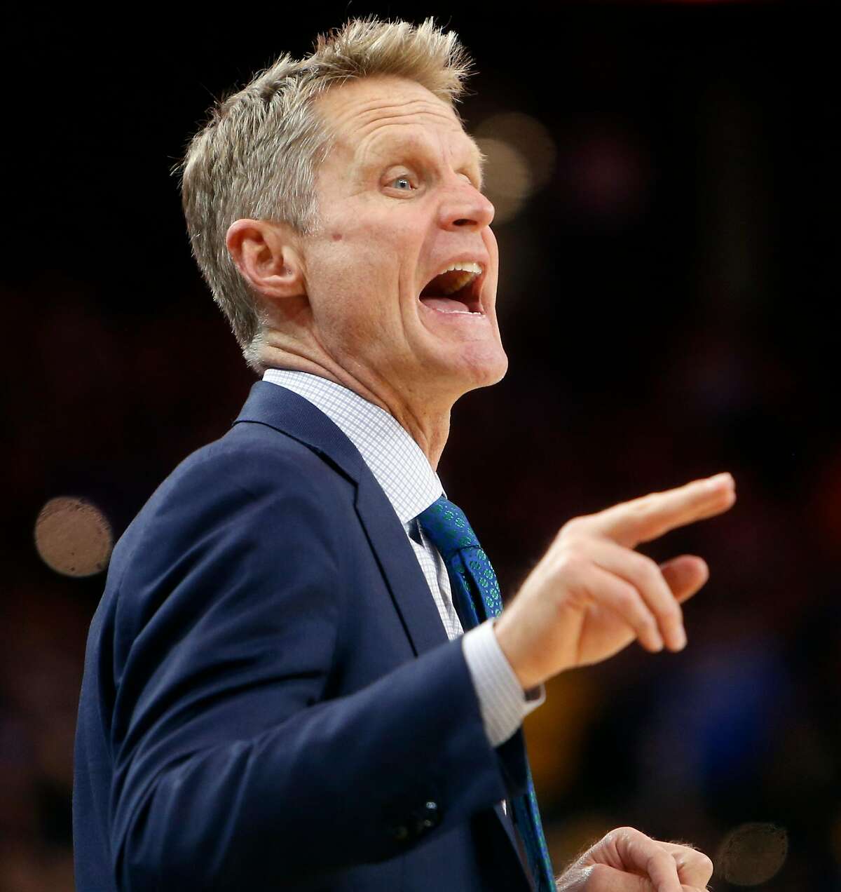 Golden State Warriors' head coach Steve Kerr in 3rd quarter against Portland Trail Blazers during NBA game at Oracle Arena in Oakland, Calif., on Wednesday, January 4, 2017.