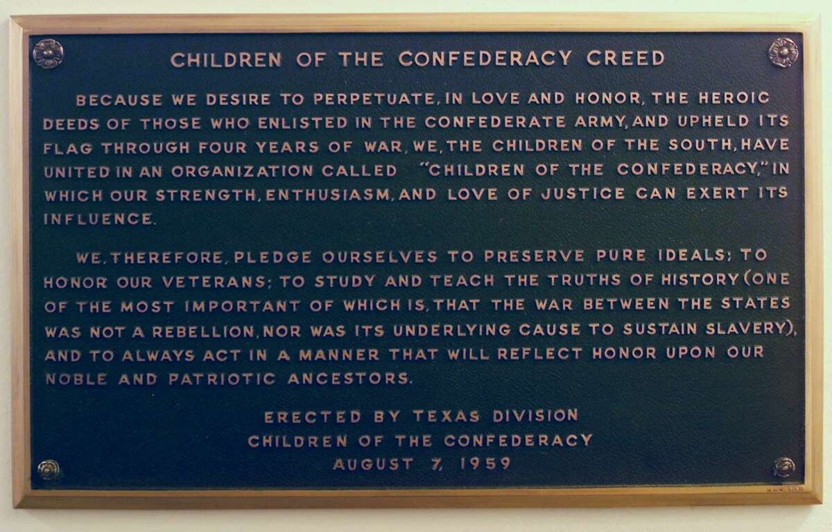 This is a view of the plaque bearing the Children of the Confederacy Creed mounted in a hallway inside the Texas Capitol near state Rep. Eric Johnson’s office. Johnson, D-Dallas, is trying to get it removed, citing its historical inaccuracy in claiming slavery wasn’t the reason for the Civil War.