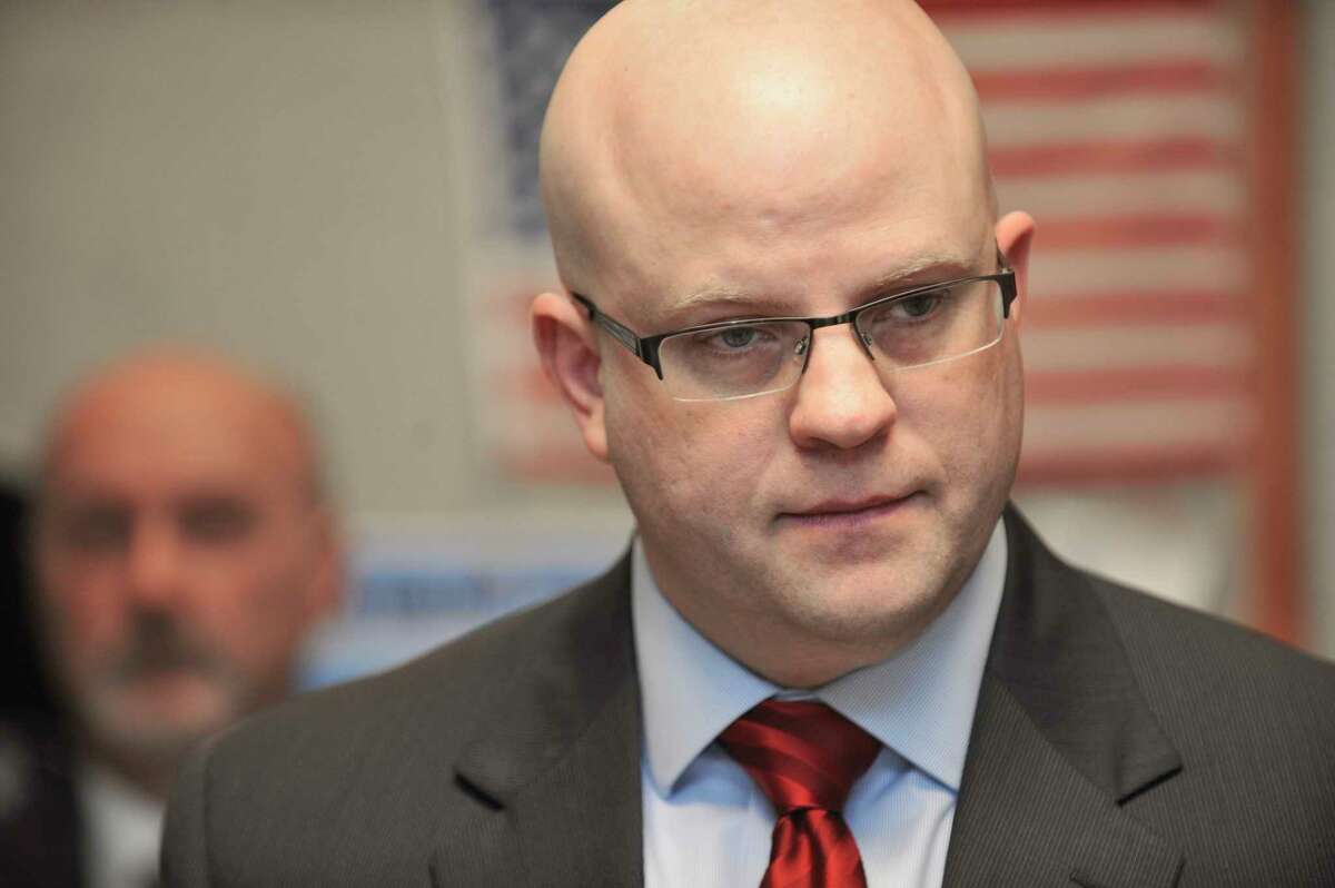 Rensselaer County District Attorney Joel Abelove listens to a question from a member of the media during a press conference on Monday, April 18, 2016, in Troy N.Y. The press event was held by officials to talk about the police shooting that took place early Sunday morning. (Paul Buckowski / Times Union archive)