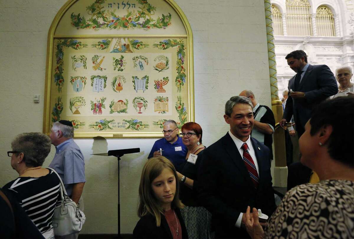 Mayor Ron Nirenberg greets people at Temple Beth-El as its congregation gathered to celebrate Shabbat and to take a stand against hate and bigotry, as a strong response to the display of anti-Semitism in Charlottesville, Va.